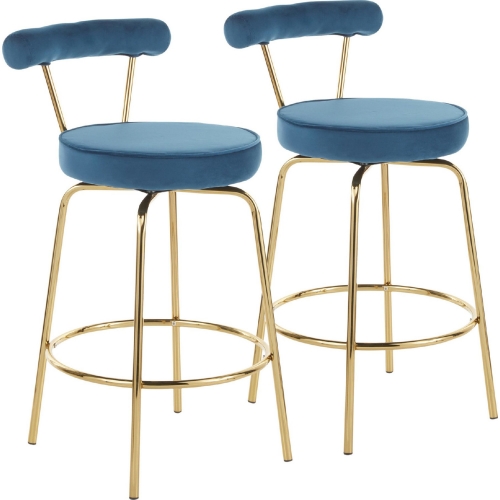 Rhonda 26" Counter Stool in Blue Velvet & Gold Metal (Set of 2)